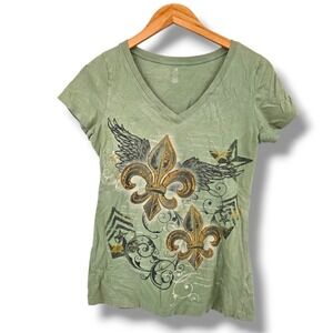 Bobbie‎ Brooks Graphic Tee Fleur De Lis V Neck Y2k Short Sleeve Top S